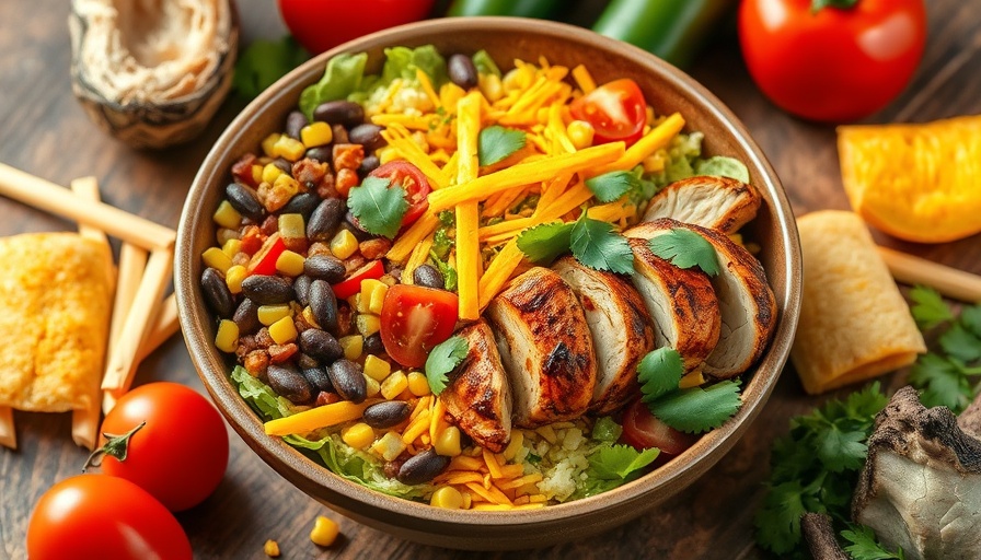 High-protein chipotle bowl recipe with fresh toppings and cheese.
