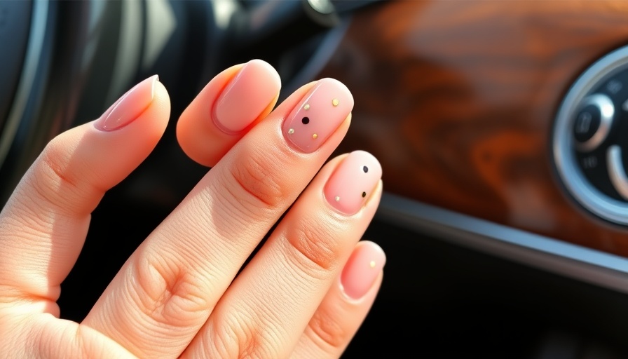 Elegantly manicured nails with gold stripes and dots.