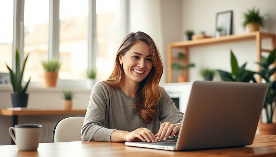 Smiling woman using laptop at home, Free Health Coach Toolkit.