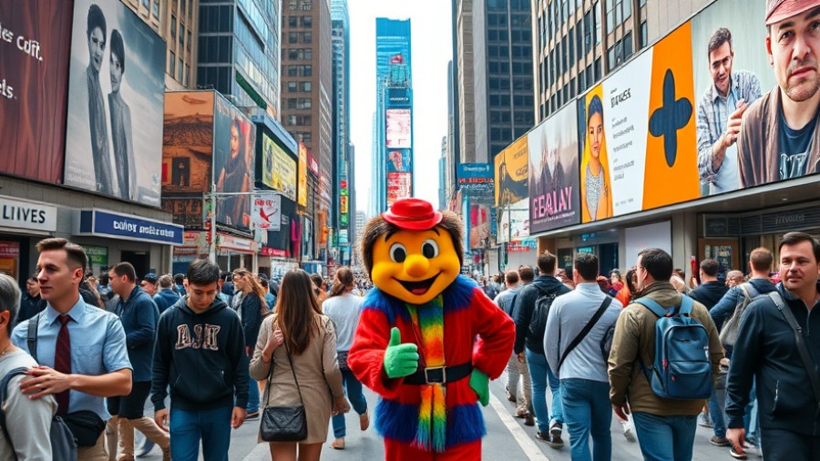 Fall activities NYC: colorful street scene with costumed character and ads.