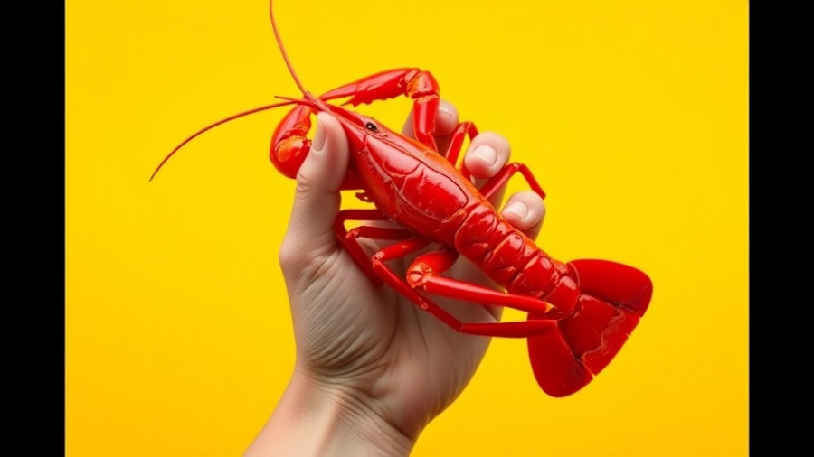 Hand holding lobster for Maine Lobster Now review against yellow background.