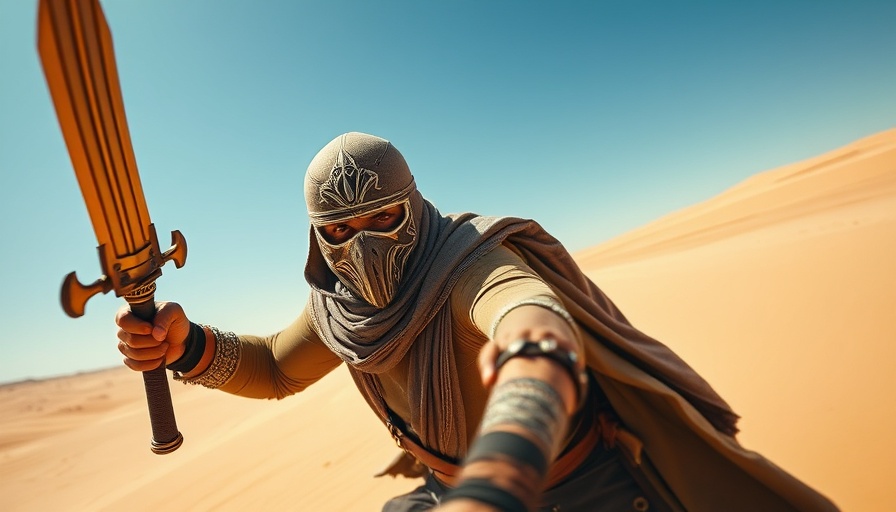 Masked warrior with weapon ready for action in a desert setting.