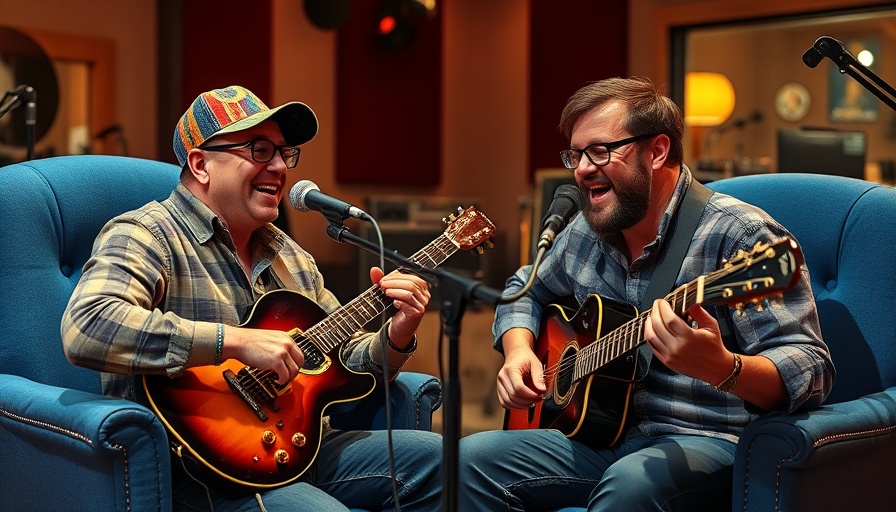 Growth over comfort: two men in a studio, one playing guitar, vibrant setting.