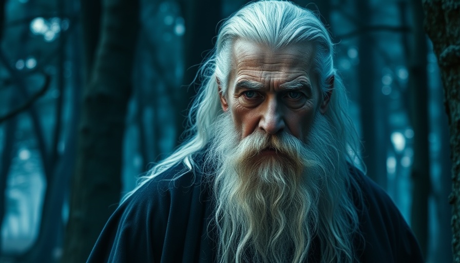 Intense older man in a mystical setting, cool lighting.