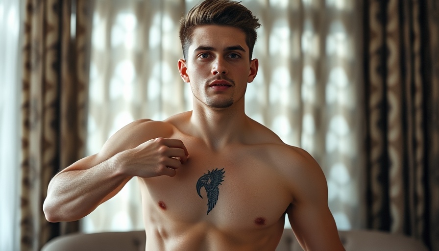 Young man reflecting on 'No Ragrets' tattoo for personal growth.