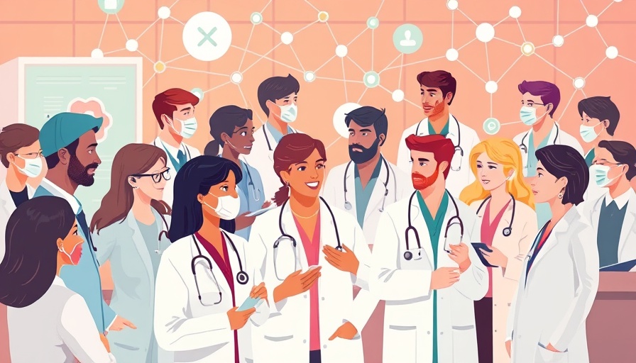 Illustration of diverse medical team in networked healthcare setting.