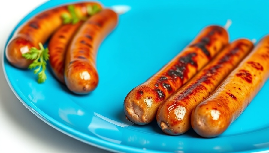 Browned mycoprotein sausages on a blue plate showcasing health benefits.