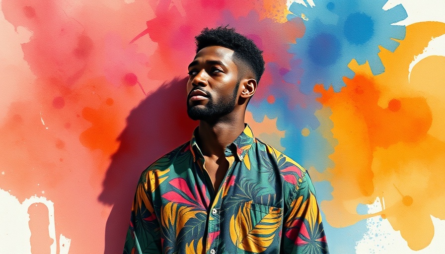 Man contemplating deeply against a colorful abstract background.