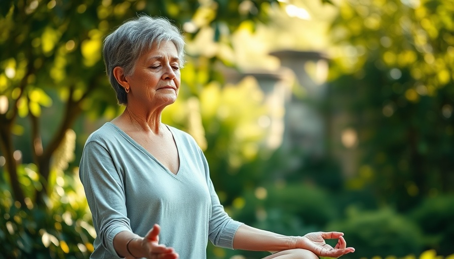 Mindful Menopause Guide: Woman meditating outdoors in peaceful garden.