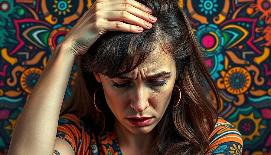 Stressed woman surrounded by colorful abstract patterns representing personal development.