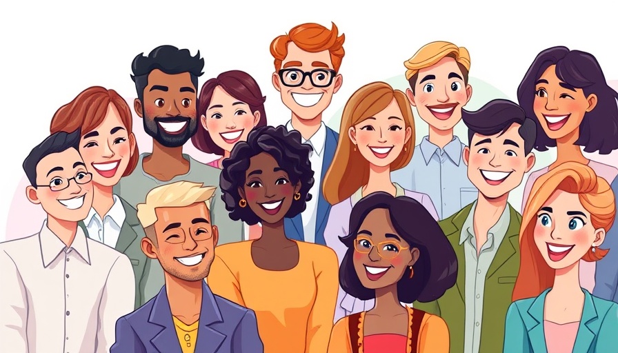 Illustration of diverse colleagues in a virtual meeting, joyful interaction.
