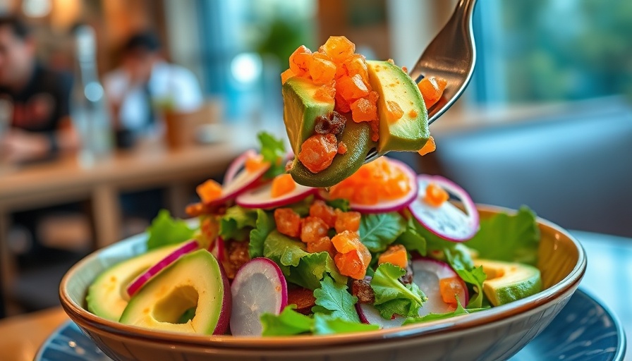 Delicious salad with avocado and fish roe, highlighting protein and micronutrients for health.