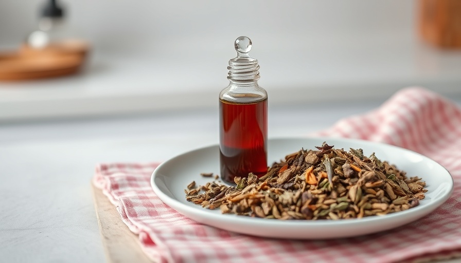Herbal multivitamin tincture bottle with dried herbs on a plate.