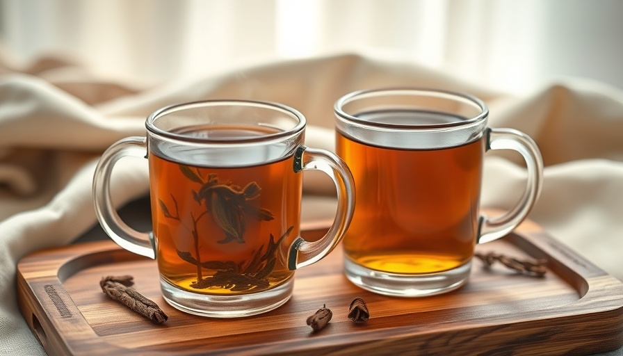 Two glass mugs of anti-inflammatory herbal tea on a wooden tray.