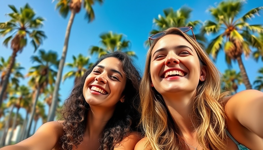 Women enjoying nature outdoors with palm trees, natural sunlight.