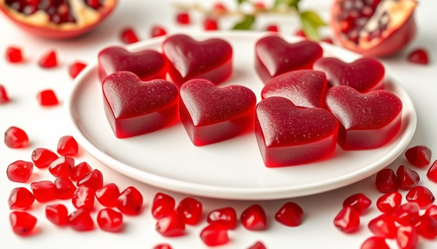 Heart-shaped beet gummies with pomegranates, boosting energy.