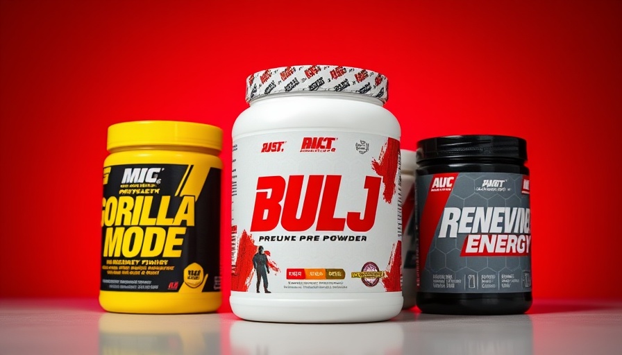 Three strongest pre-workout powders in containers on red background.