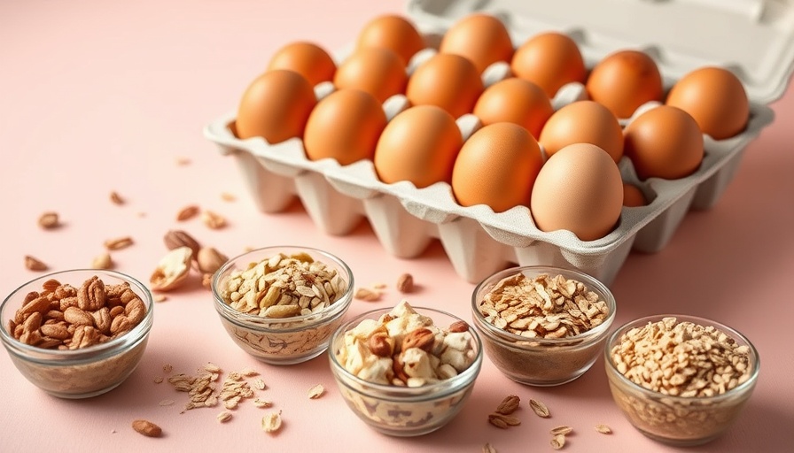 Egg carton and substitutes like nuts and grains on pastel background.