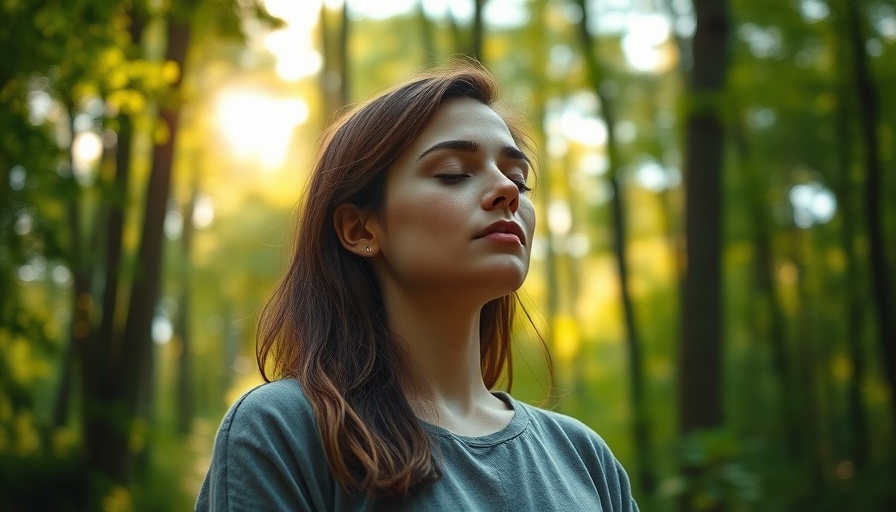 Calm young woman meditating in serene forest, personal development through teaching mindfulness emphasized.