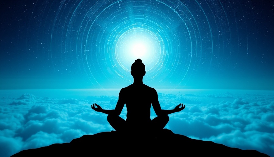 Meditating silhouette among clouds with sound waves, cosmic theme.