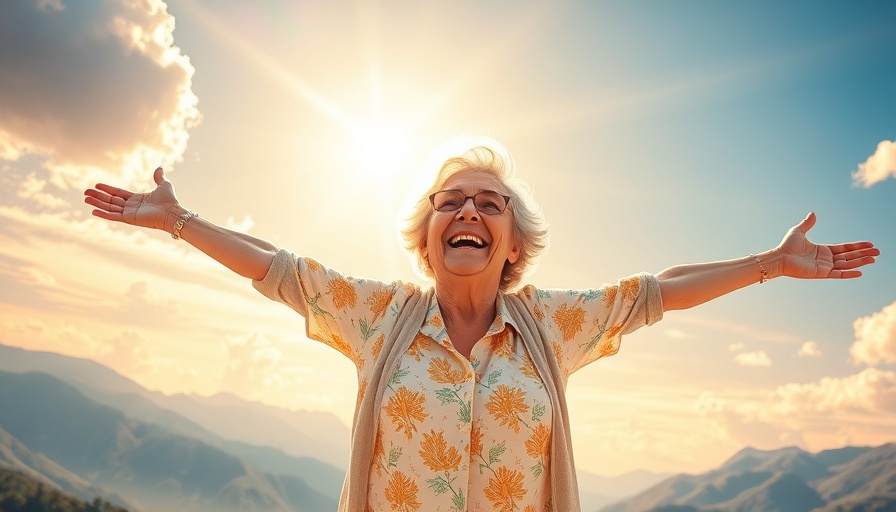 Joyful older woman embracing sunlight in vibrant setting, personal development.