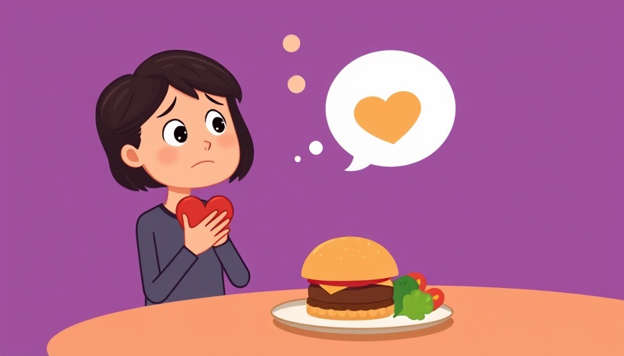 Concerned woman trying to be good with food choices, illustration.