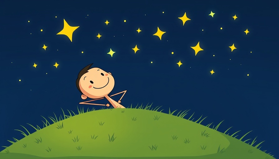 Cheerful stick figure on grass gazing at stars, personal development theme.