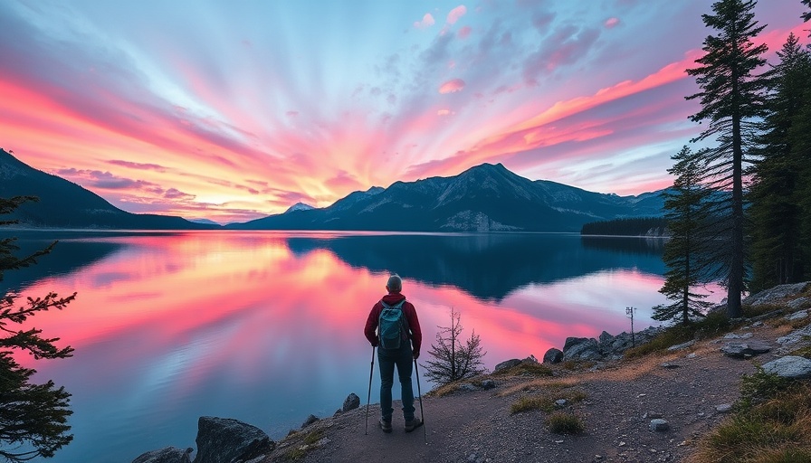 Peaceful hiker in stunning mountain landscape at sunrise, personal growth through awe journaling.