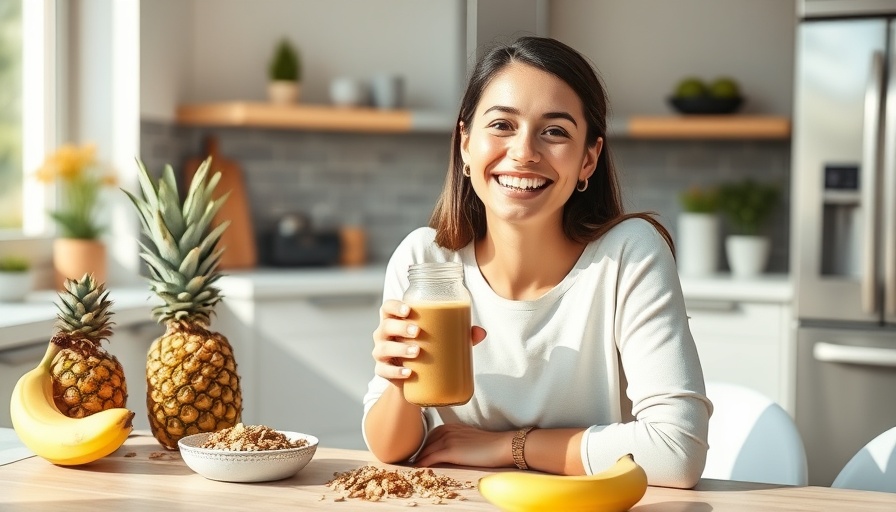 Smiling woman with smoothie bottle in kitchen, post-workout smoothies ingredients visible.