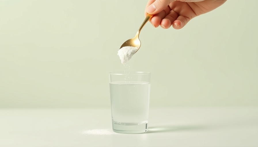 Minimalistic image of collagen powder being poured into water.