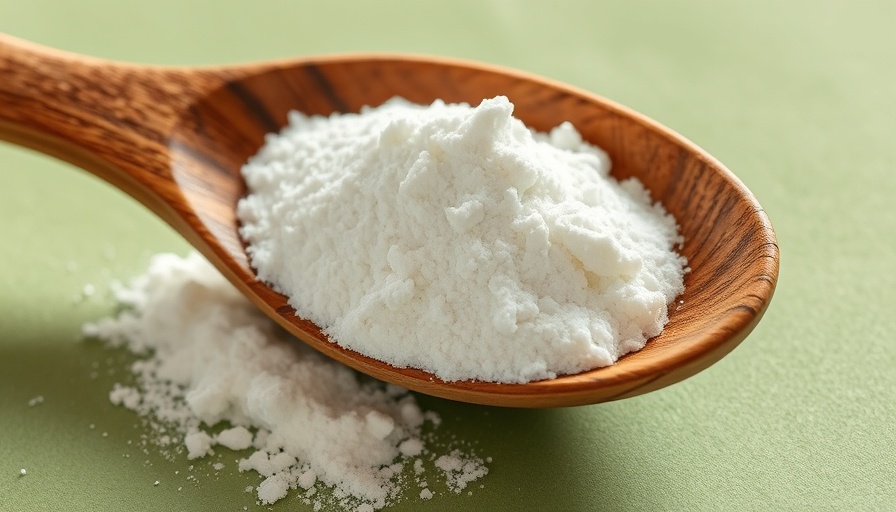 Wooden spoon with collagen powder on green background.