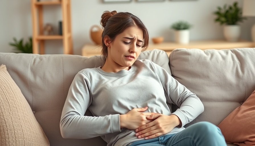 Young woman with stomach pain lying on sofa, Bacillus coagulans context.