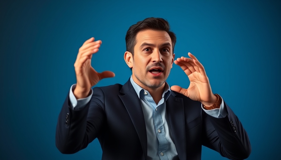 Professional man speaking passionately with a blue gradient background.