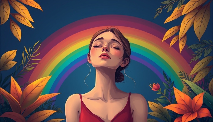 Finding hope in personal development: serene woman with rainbow in background.