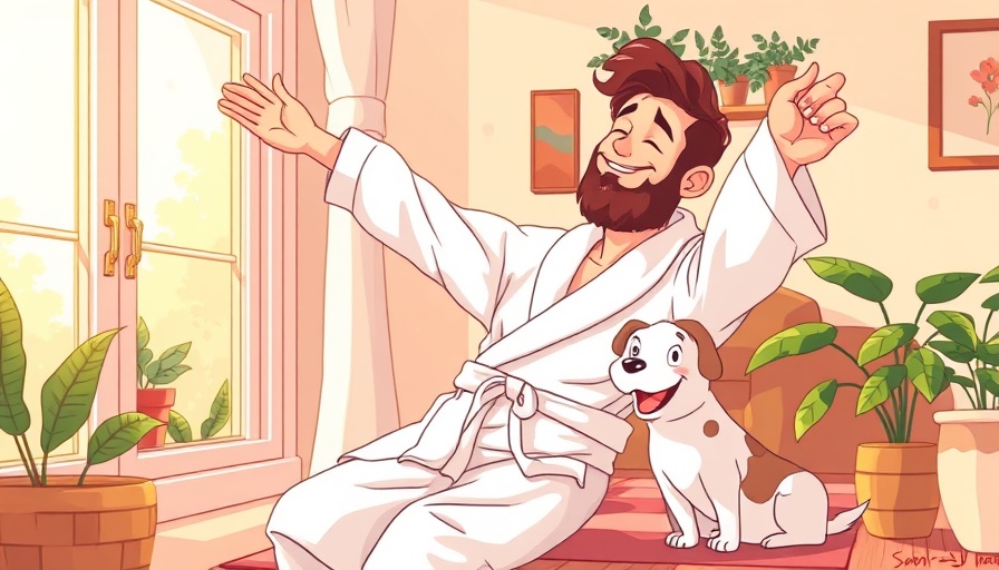 Illustration of personal development morning routine with man and dog.