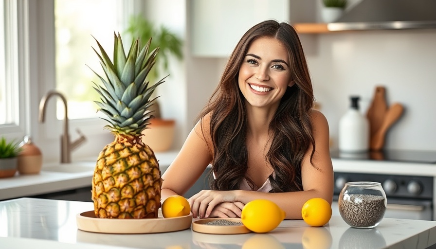 Smiling woman with healthy foods in a kitchen setting, demonstrating a lifestyle.