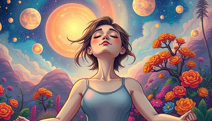Tranquil woman embracing personal growth in vibrant landscape.