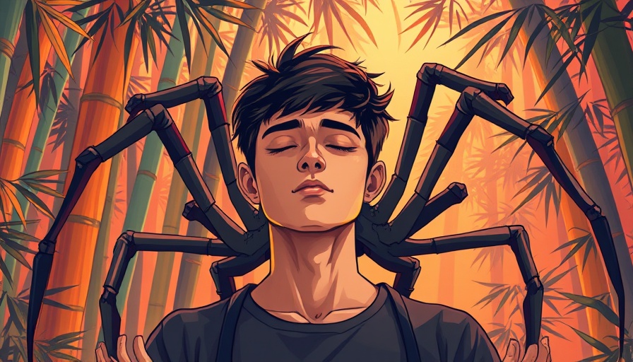 Calm man meditating before spider in colorful bamboo forest, symbolizing overcoming fear and personal growth.