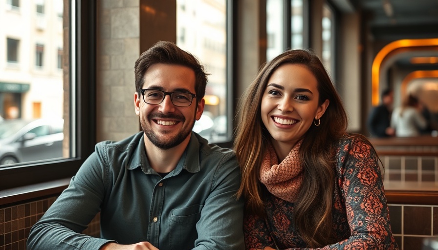 Happy couple in a cafe, warm smiles amidst a modern setting