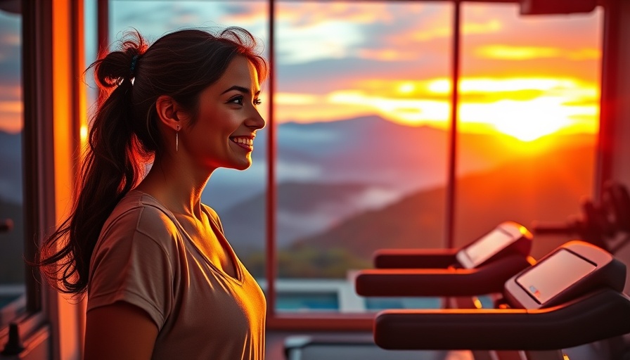 Finding joy in everyday moments: woman admiring sunset from home gym.