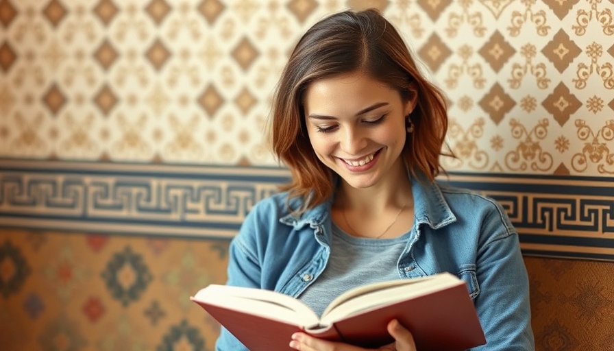 Smiling woman reading a must-read book for busy moms, cozy setting.