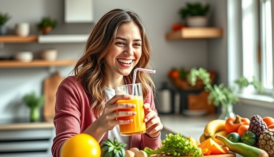 Morning routine for busy moms: woman making smoothie in bright kitchen.