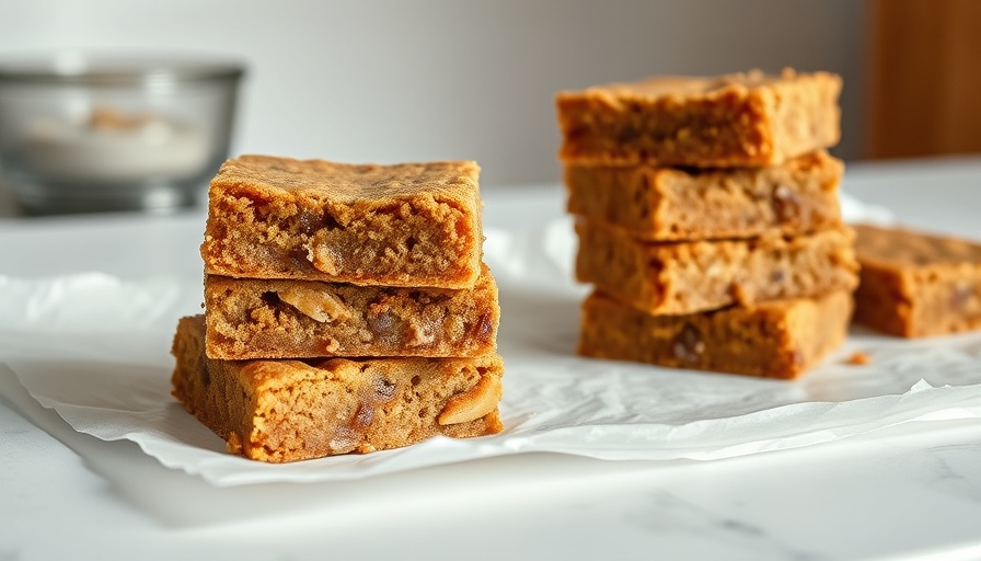 Stack of vegan peanut butter protein blondies on parchment paper.