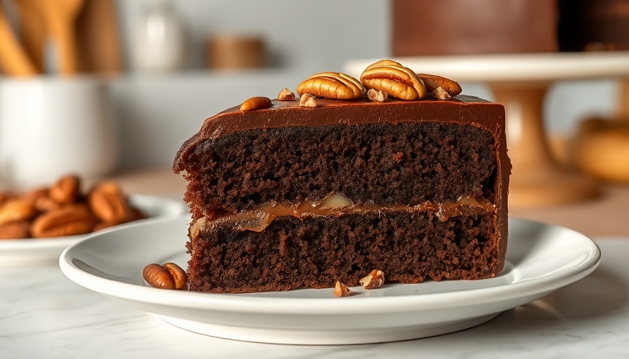 Slice of vegan gluten-free German chocolate cake with pecans.