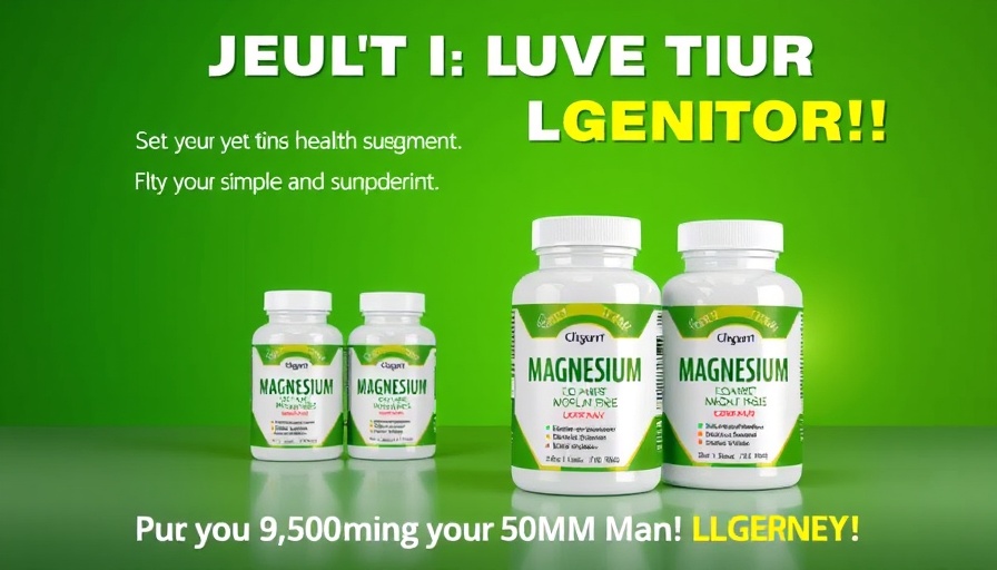 Health supplement ad with magnesium bottles, vibrant design.