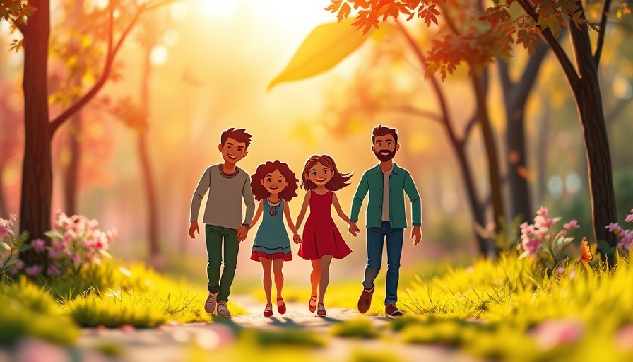 Joyful paper cutout family in colorful landscape with butterflies.