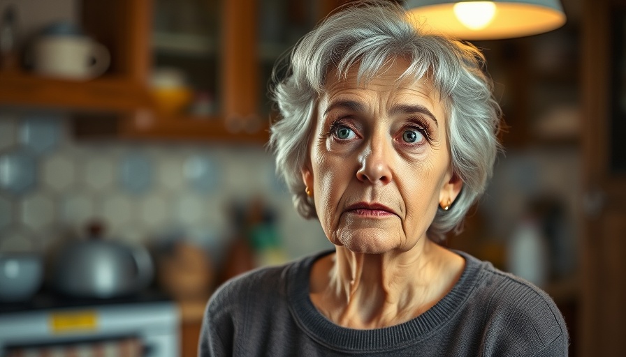 Thoughtful older woman in cozy kitchen setting.