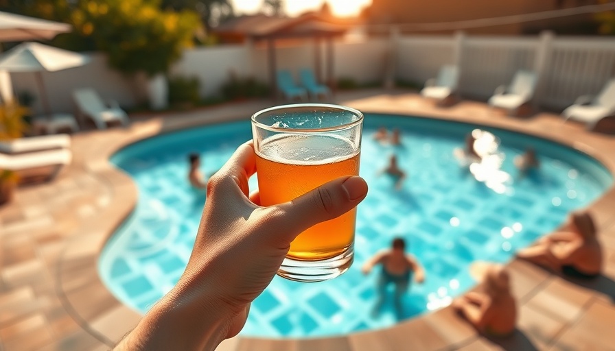 Hand holding a glass by a busy family pool, warm summer afternoon.