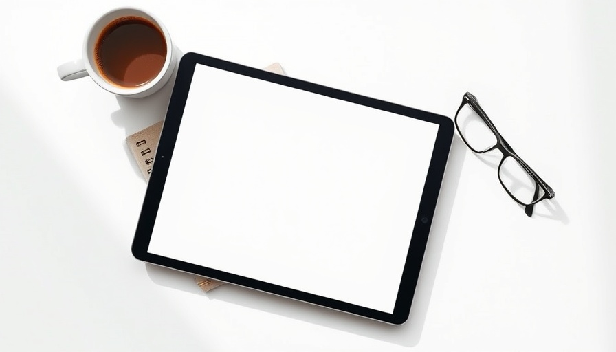 Minimalistic tablet with book cover showing coffee cup and notebook