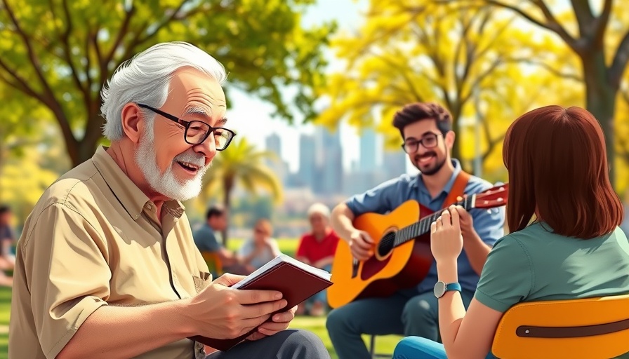 Elderly man writing in park while guitarist performs, embodying living a meaningful life without being exceptional.